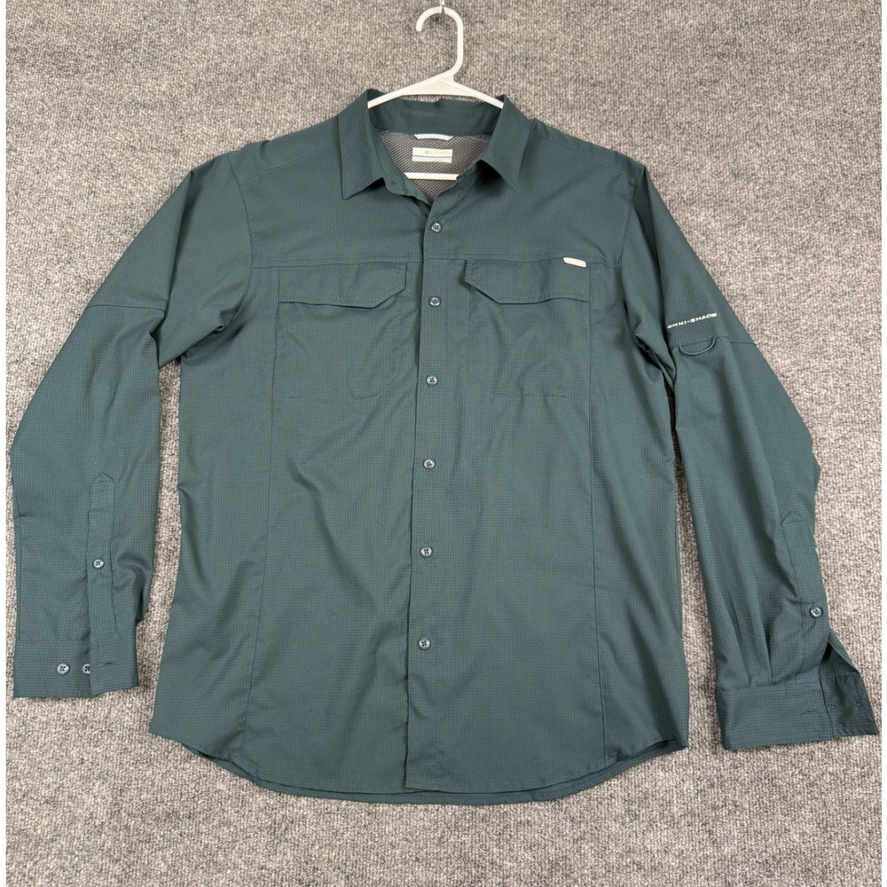 Columbia Omni-Shade Mens Medium Fishing Shirt Long Sleeve Teal Green Grid Vent